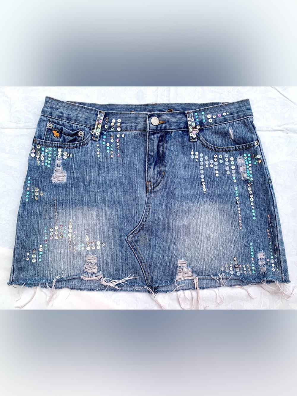 Abercrombie & Fitch Blue Distressed Sequin Denim Mini Skirt